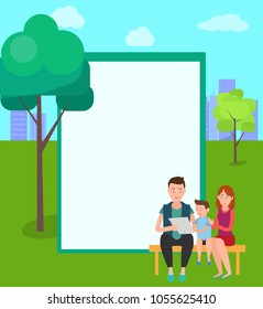 Family roller skating together vector isolated frame for text city pak on backdrop. Parents teach child to skate on rollers, spending time together concept