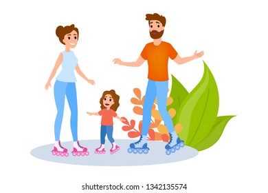 Family rollerskating. Summer outdoor activity. Mother, father and kid have fun together. Healthy and active lifestyle. Isolated vector illustration in cartoon style