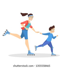 Family rollerskating. Summer outdoor activity. Mother and kid have fun together. Healthy and active lifestyle. Isolated vector illustration in cartoon style