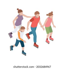 Family rollerskating together 3d isometric vector illustration