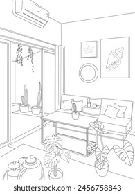 Habitación familiar y jardín interior línea de Vector blanco y negro ilustración para colorear página