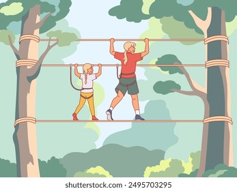 Family in rope adventure park. Mom and daughter walk and climb on rope stretched between trees, safety cables, outdoor recreation, extreme sport, cartoon flat isolated vector concept