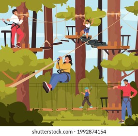 Family In Rope Park, Father, Mother And Children Characters Overcome Obstacles, Climb On Trees, Cross Suspended Bridge. Weekend Outdoor Adventure, Recreation, Relax. Cartoon People Vector Illustration