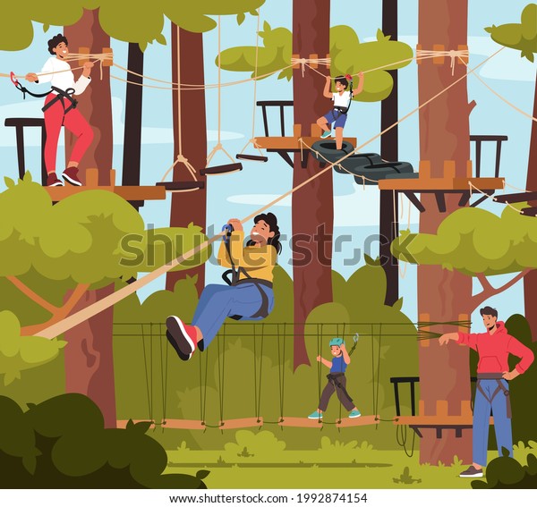 Family in Rope Park, Father, Mother and
Children Characters Overcome Obstacles, Climb on Trees, Cross
Suspended Bridge. Weekend Outdoor Adventure, Recreation, Relax.
Cartoon People Vector
Illustration