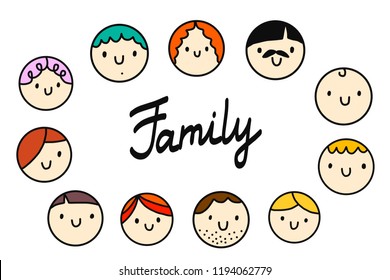 Family round heads illustration logo and lettering on white font