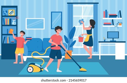 Family Routine Cleaning Composition Living Room Stock Vector (Royalty ...