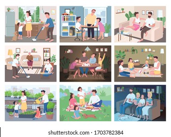 Family routine flat color vector illustrations set. Entertainment for parents and children. Mother and father do chores with kids. Children play games. Relatives 2D cartoon characters