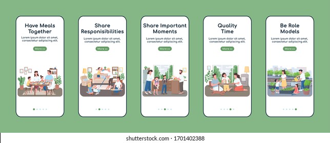 Family routine onboarding mobile app screen flat vector template. Activities for parents and kids. Walkthrough website steps with characters. UX, UI, GUI smartphone cartoon interface, case prints set