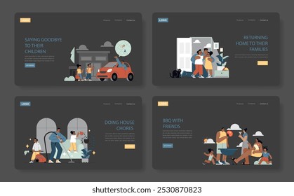 Family Routine set. Daily activities from saying goodbye to children, returning home, doing chores to enjoying a BBQ. Moments of everyday life captured in warm tones. Vector illustration.