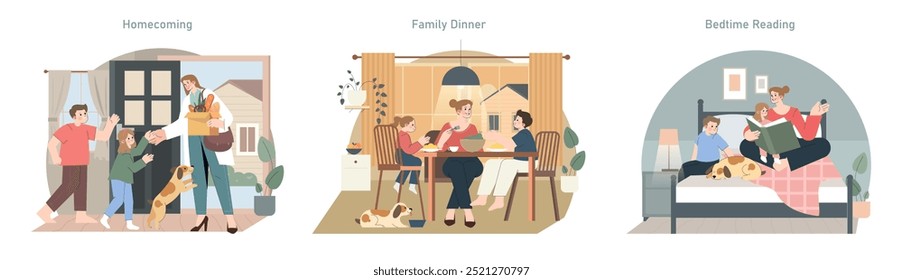 Conjunto de rutina familiar. Momentos tiernos desde el regreso a casa hasta las historias de la hora de dormir. Bienvenida llegada, compartir una comida y disfrutar de un cuento. Ilustración vectorial.