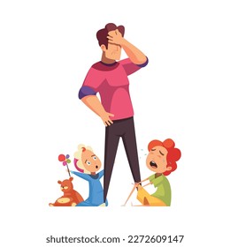 Family routine with tired dad and two little kids cartoon vector illustration