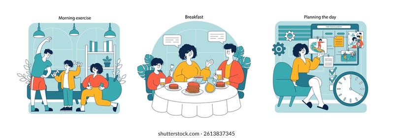 Family routine vector set depicting morning exercises, breakfast, and daily planning with joyful characters in a contemporary home setting.