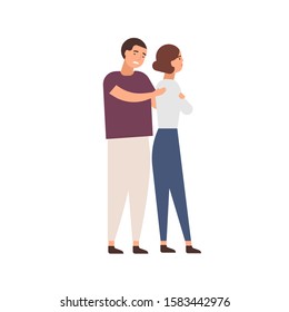 Family row flat vector illustration. Young couple feeling aggrieved. Quarrel result, resentment, relationship problems, conflict concept. Apologizing man and offended woman cartoon characters.