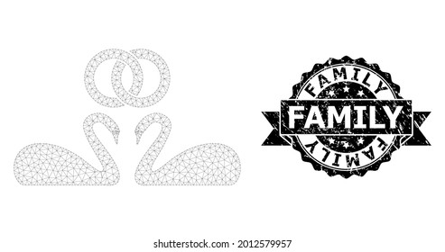Family rubber stamp seal and vector wedding swans mesh structure. Black stamp includes Family tag inside ribbon and rosette. Abstract flat mesh wedding swans, designed with flat mesh.