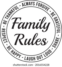 Family Rules, Be Thankful, Always Forgive, Be Grateful, Be Happy, Respect, Inspirational Quotes Silhouette Positive Lettering Design