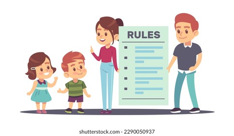 Family rules, mother and father tell son and daughter about rules in home. Huge checklist, little brother and sister, parenthood and relationships. Cartoon flat isolated vector concept