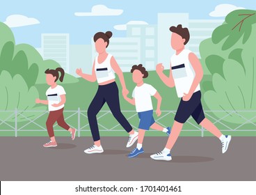 Family run marathon flat color vector illustration. Parent jog in park with children. Mom and dad racing with kids for competition. Relatives 2D cartoon characters with interior on background