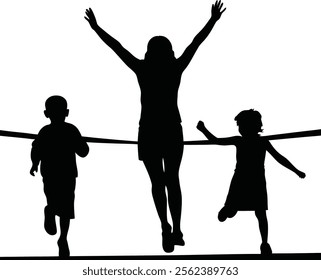 Family Runner Silhouette. Silhouette of a mother and two children celebrating a successful race or achievement.