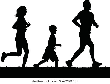 Family Runner Silhouette. Silhouette of a family running on a grassy field