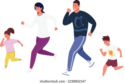 Family running exercise. Active sport parents with kids isolated on white background