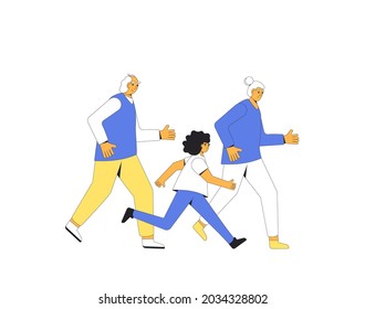 Family Running. Father, mother and daughter isolated on white background. Participation in sports races, athletic competitions. Marathon, exercise. Joggers. Vector illustration.