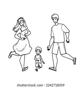 family running line pencil drawing vector. happy together, run fun, summer mother, woman child, young joy, family ma, son family running character. people Illustration