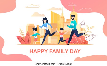 Family Running Marathon in City Flat Cartoon. Mother, Father, Son Daughter Jogging Together. Active and Healthy Lifestyle. Parents and Children Care and Relationships. Vector Motivational Illustration