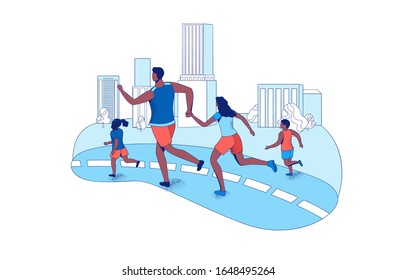 Family running marathon together in the city, parents and children take part in race outdoors, cartoon vector flat illustration with people jogging