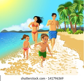 family running on the beach