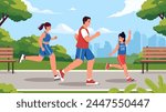 Family running oudoors. Man and woman with girl runs at city park. Active lifestyle and healthy hobby. Family spending time together. Father, mother and daughter. Cartoon flat vector illustration