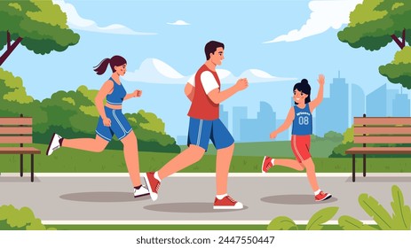 Family running oudoors. Man and woman with girl runs at city park. Active lifestyle and healthy hobby. Family spending time together. Father, mother and daughter. Cartoon flat vector illustration