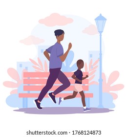 Family Running in Park. Parent and Children.Healthy Lifestyle. Happy father and son. Sporty Characters for training, cardio exercising, marathon, city run, summer outdoor. Vector flat cartoon