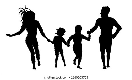 Imagen vectorial de silueta de ejecución familiar. Padre, madre, hija e hijo divirtiéndose.