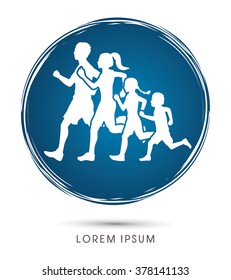 Family running silhouettes. designed on grunge cycle background graphic vector