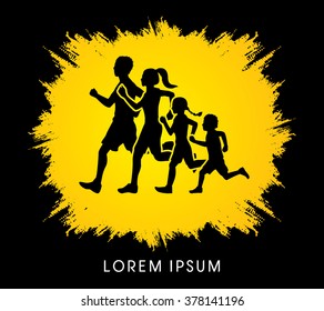 Family running silhouettes. designed on grunge frame background graphic vector