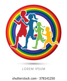 Family running silhouettes. designed on line rainbows background graphic vector