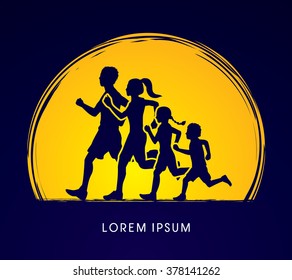 Family running silhouettes. designed on moonlight background graphic vector