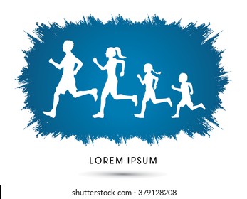 Family running silhouettes, designed on grunge frame background graphic vector