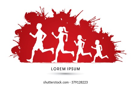 Family Running Silhouettes, Designed On Splash Blood Background Graphic Vector