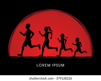 Family running silhouettes, designed on sunset background graphic vector