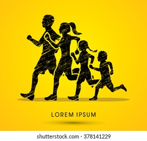 Familie läuft Silhouetten. mit Grunge-Bürste-Grafik