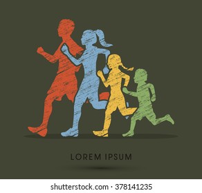 Family running silhouettes. designed using grunge brush graphic vector