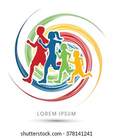 Family running silhouettes. designed using colorful on spin wheel background graphic vector