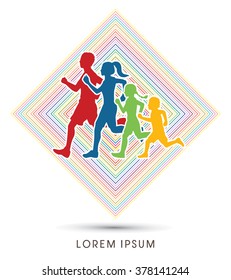 Family running silhouettes. designed using colorful on line square background graphic vector