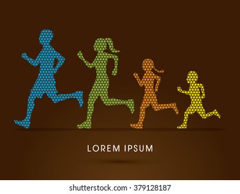 Family running silhouettes, designed using colorful geometric pattern graphic vector