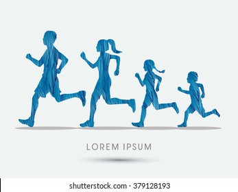 Family running silhouettes, designed using blue grunge brush graphic vector