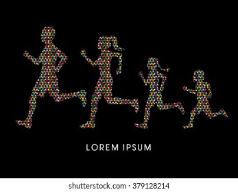 Family running silhouettes, designed using colorful mosaic pattern graphic vector