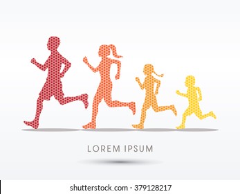 Family running silhouettes, designed using hexagon pattern graphic vector