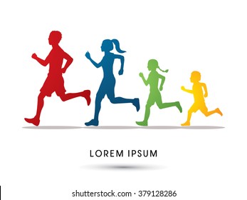 Family running silhouettes, designed using colorful graphic vector