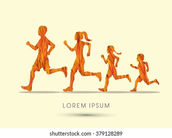 Family running silhouettes, designed using fire grunge brush graphic vector